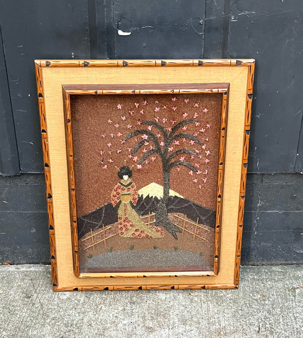 1977 Japanese Lady Rice Collage in Bamboo Frame
