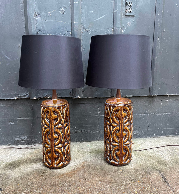 Midcentury Brown Textured Ceramic Lamps