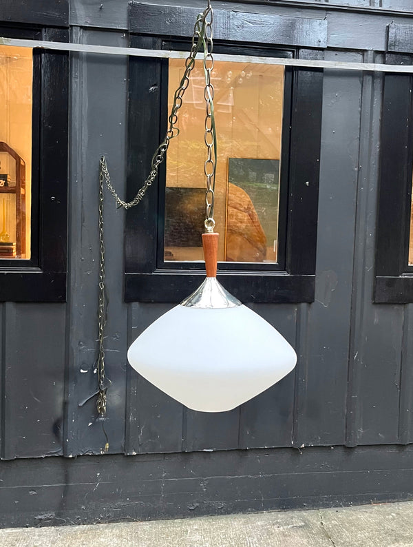 Danish Matte Glass / Teak Pendant Light