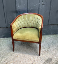 Load image into Gallery viewer, Tufted Velvet Barrel Chair / 1940s-50s Olive Tufted Velvet / Wood Barrel Chair