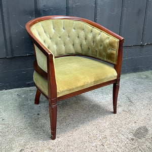 Tufted Velvet Barrel Chair / 1940s-50s Olive Tufted Velvet / Wood Barrel Chair