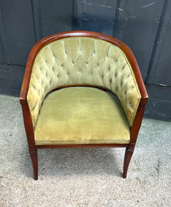 Tufted Velvet Barrel Chair / 1940s-50s Olive Tufted Velvet / Wood Barrel Chair