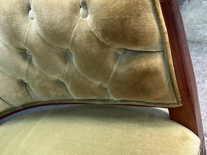 Tufted Velvet Barrel Chair / 1940s-50s Olive Tufted Velvet / Wood Barrel Chair