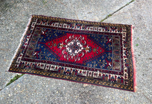 Load image into Gallery viewer, Vintage Wool Prayer Rug / Burgundys, Navys, Gold Fringed Wool Prayer Rug