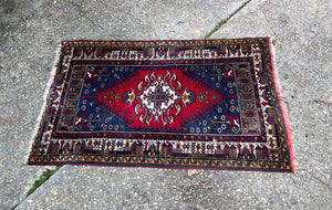Vintage Wool Prayer Rug / Burgundys, Navys, Gold Fringed Wool Prayer Rug