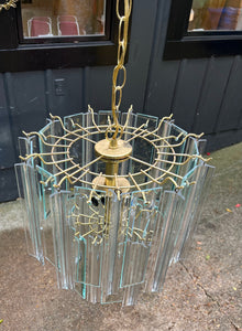Lucite Chandelier / 1970s Brass, Acrylic & Glass Pane Chandelier