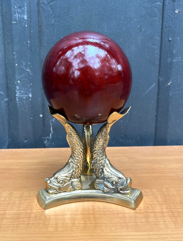 Wood Sphere on Brass Fish Stand