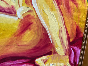 Vintage Nude Painting / 1970s Pink & Orange Profile Nude with Braid Painting
