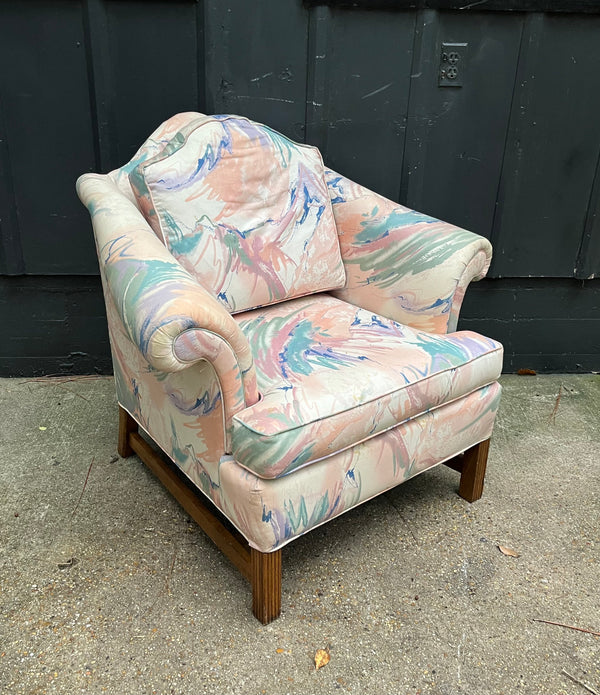Pink Print 1980s Roll-Arm Upholstered Chair
