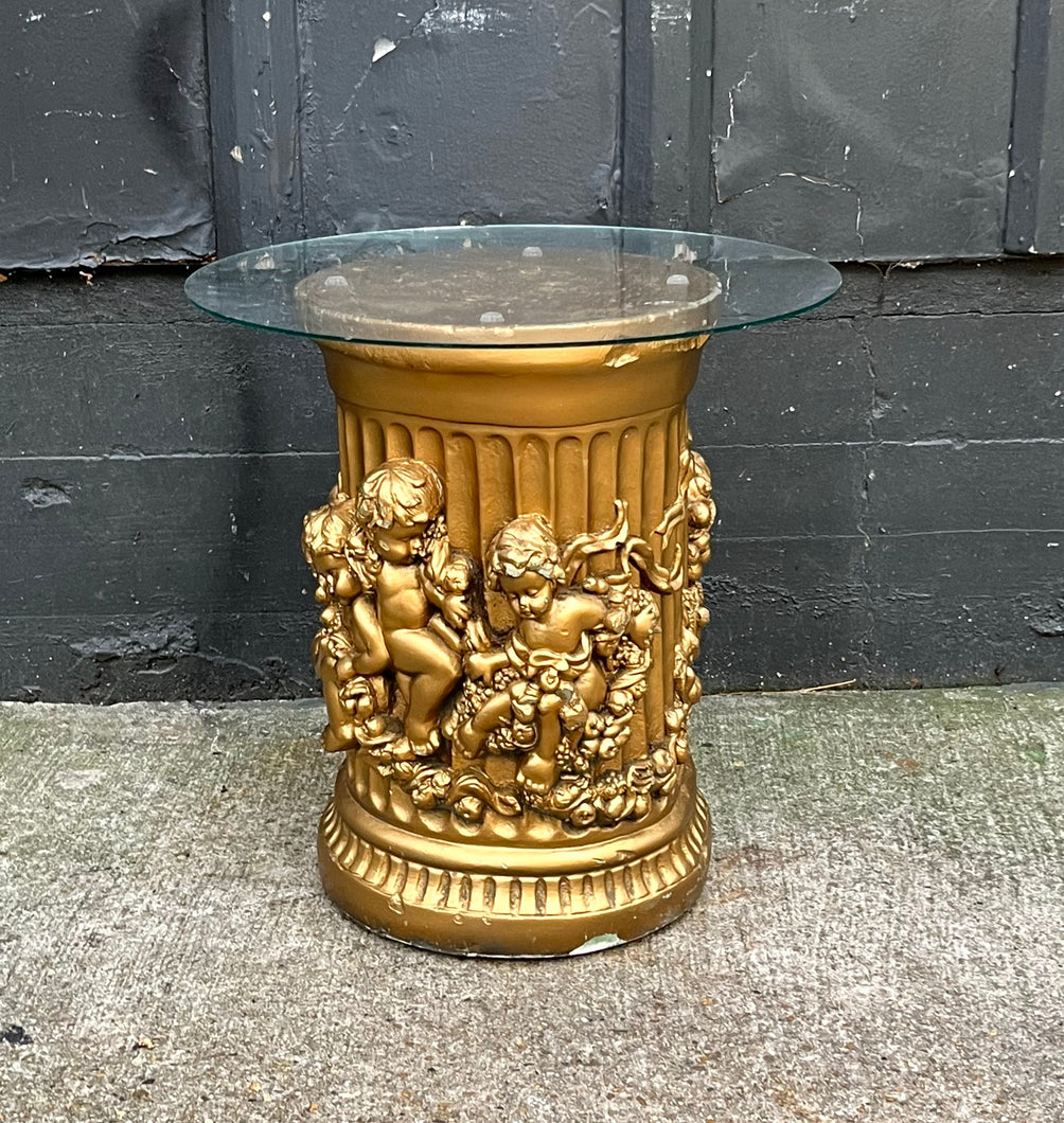 Hollywood Regency Side Table / Gilt Cherub Column Side Table