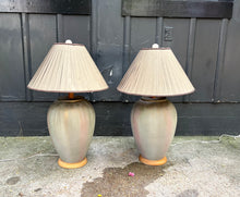 Load image into Gallery viewer, Postmodern Lamp Pair / 90s Giant Ombre Plaster Wood-Base Lamps