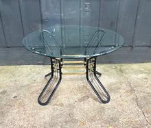 Load image into Gallery viewer, Postmodern Glass-Top Dining Table / 1970s Black Metal &amp; Brass Glass-Top Dining Table