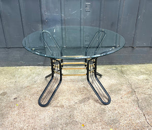 Postmodern Glass-Top Dining Table / 1970s Black Metal & Brass Glass-Top Dining Table