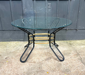 Postmodern Glass-Top Dining Table / 1970s Black Metal & Brass Glass-Top Dining Table