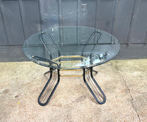 Postmodern Glass-Top Dining Table / 1970s Black Metal & Brass Glass-Top Dining Table