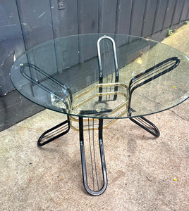 Postmodern Glass-Top Dining Table / 1970s Black Metal & Brass Glass-Top Dining Table