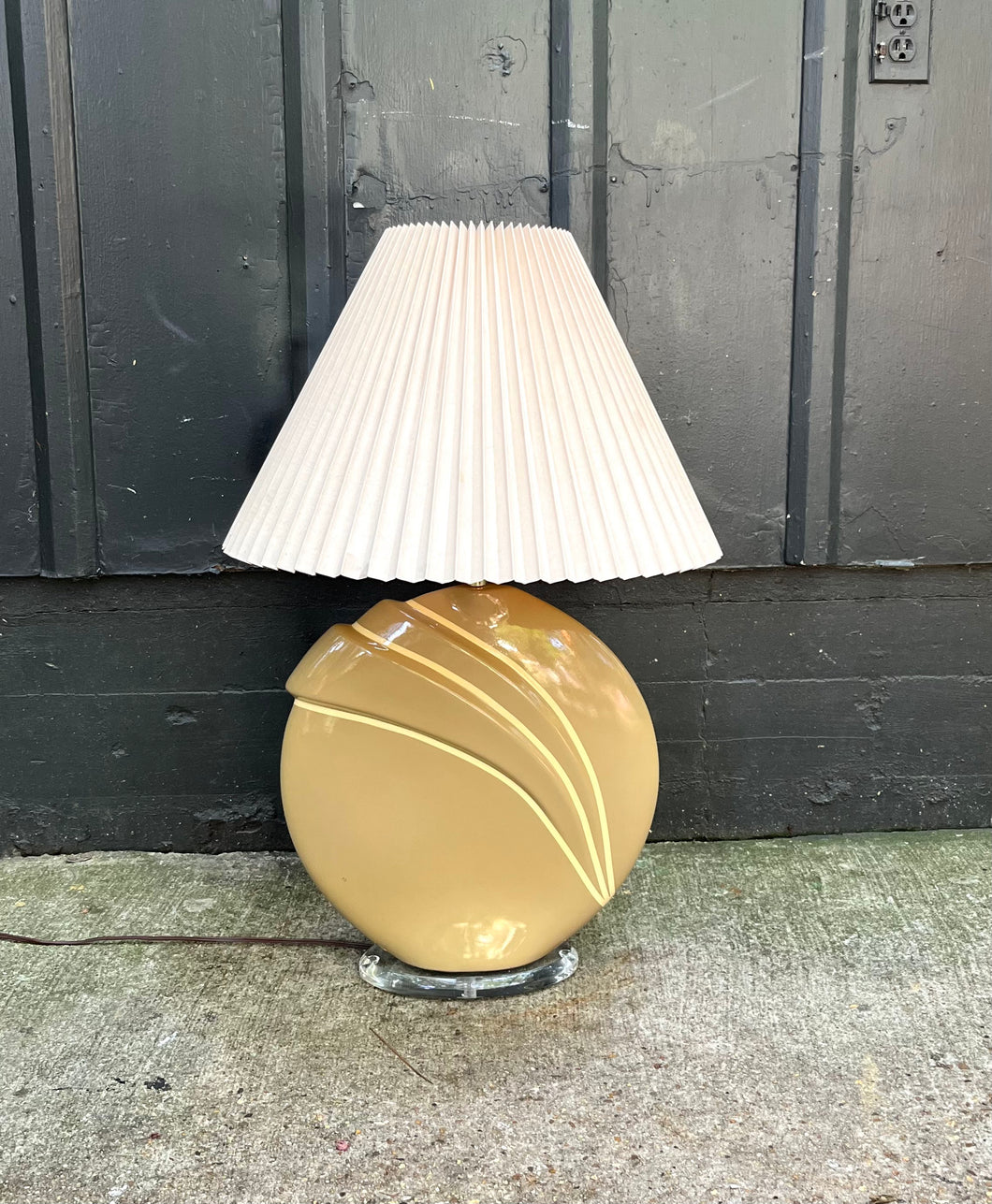 Lucite Lamp / 1980s Ceramic Disk Lucite-Base Oversized Table Lamp