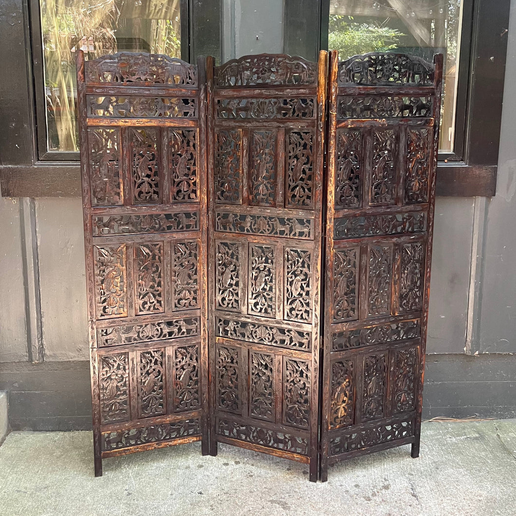 Carved Wood Folding Screen / Indonesian-style Elephant Room Divider