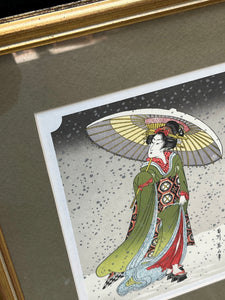 Geisha with Parasol Woodblock Print