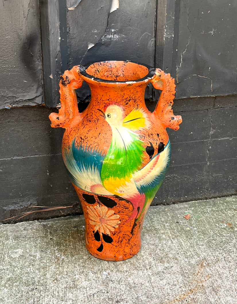 Mexican Bird Vase - 1960s-70s Large Hand-painted Orange Bird Vase
