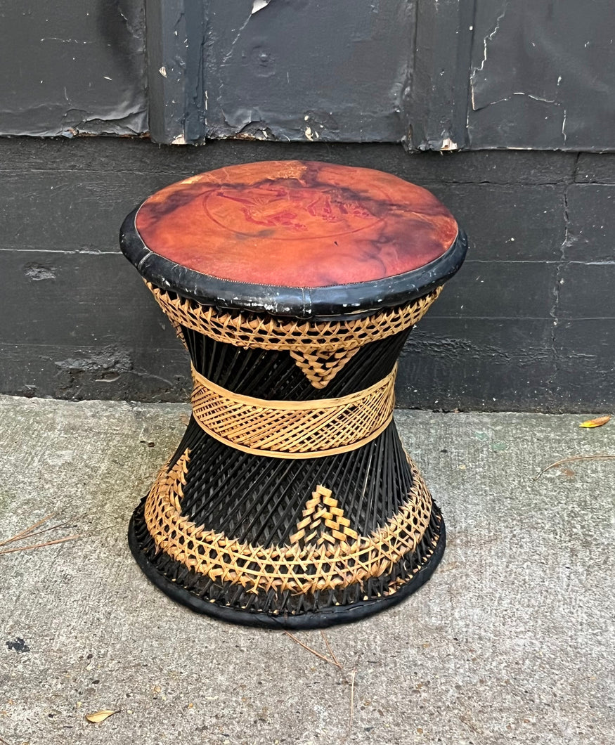 Spun Wicker / Leather-top Hourglass Stool